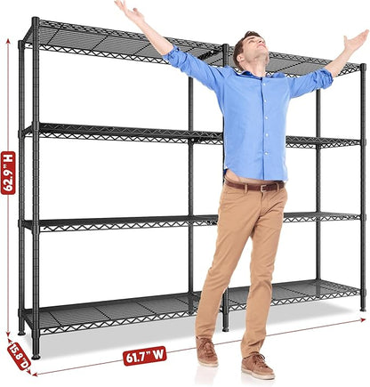 REIBII 61.7''W Storage Shelves Load 1220LBS Wire Shelving Unit 4 Tier Metal Shelving for Storage Rack Shelves Heavy Duty Garage Shelf Pantry Shelves Kitchen Shelving, 61.7" W*62.9" H*15.8" D, Black