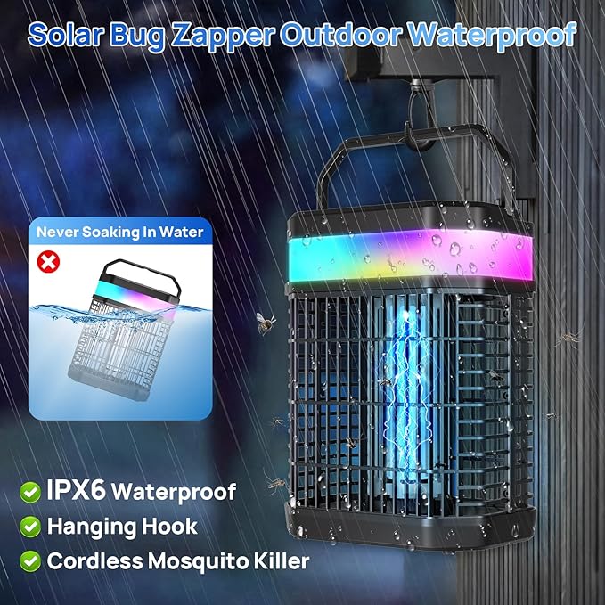 Solar Bug Zapper Outdoor 4000V Mosquito Zapper Solar 2IN1 Bug Repellent Outdoor Patio with 5500mAh Battery&LED,Electric Fly Zapper with Hook,Cordless&Rechargeable Mosquito Repellent for Patio Camping