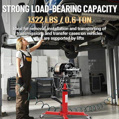 Dual Plunger Hydraulic Transmission Jack 1322lbs Capacity, 33.5"-69" High Lift 2-Stage Hydraulic Telescoping Jack, Trans Jack Stand with 8MM Non-Slip Pad, Foot Pedal & Swivel Wheel, Red