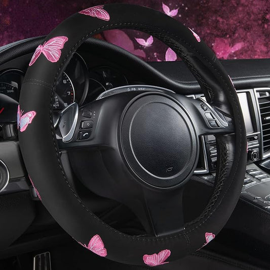 Car Pass Pink Embroidery Butterfly Steering Wheel Cover, Universal 15 Inch Car Wheel Cover for Women Girls, Fit for Suvs,Small Trucks,Sedans,Cars (Black and Pink)