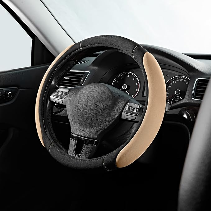 Skechers Steering Wheel Cover,Memory Foam Car Steering Wheel Cover,14.5-15inch Anti-Slip Safety Comfortable Desgin, Universal Accessory for Diverse Cars, Truck,SUV (Black & Beige)