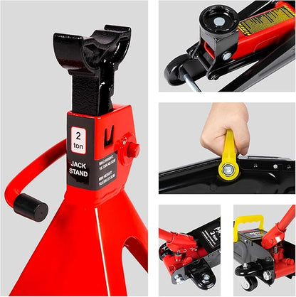 2-Ton (4400 lbs) Hydraulic Low Profile Trolley Garage Service/Floor Jack with Blow Mold Carrying Storage Case and 1 Pair 2 Ton Jack Stands for Home and Workshop Vehicle Maintenance