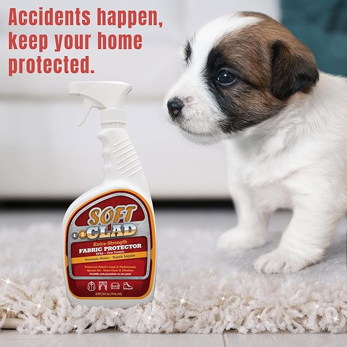 Extra Strength Fabric Protector Spray Prevents Stains and Repels Liquids. SoftClad Guards Furniture, Shoes, Carpet, Upholstery, Suede, Leather, Couch. Safe for Indoor Use. PFAS Free Formula 32oz