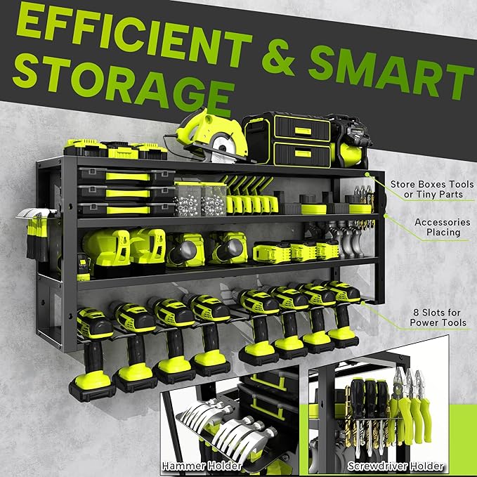 Large Power Tool Organizer Wall Mount,4 Layers 8 Drill Holder Heavy Duty Metal Cordless Tool Storage Loads 420lbs with Screwdriver Holder,Utility Racks for Garage, Workshop, Pegboard, Shed - 32 Inch
