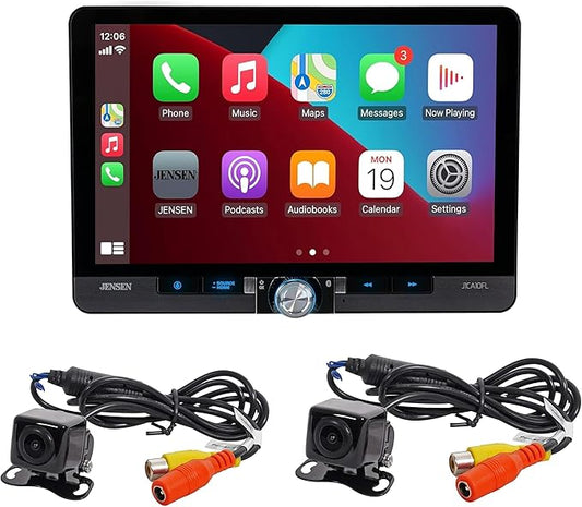 Jensen J1CA10FL-BUC 10.1-inch CarPlay Android Auto Car Stereo with Backup Camera and Additional Camera for Front of Car