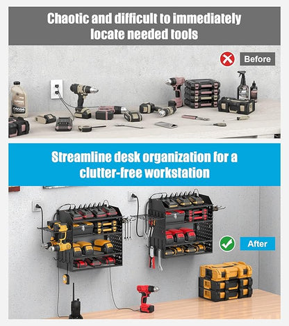 CCCEI Modular Desk Power Tools Organizer with Charging Station, 4 Layer Drills Battery Storage Wall Mount, Garage Shop Organization, Anniversary, Birthday, Gifts for Men, Father, Black, 10FT Cord.