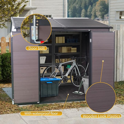 8x6 FT Outdoor Storage Shed with Floor,Waterproof Resin Plastic Bike Shed with Vents & Windows, Lockable Door, Garden Tool Shed Easy to Assembly for Lawn, Backyard, Patio, Brown