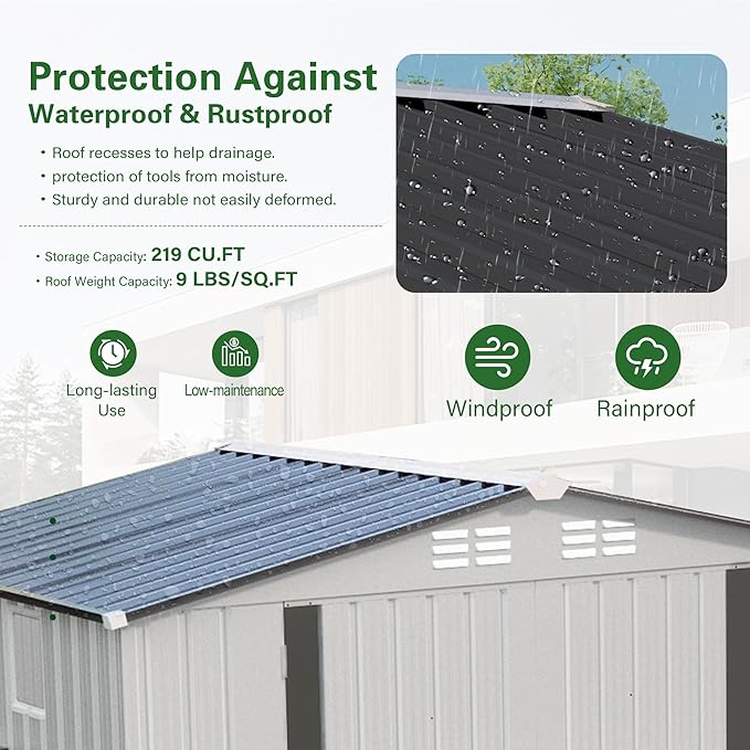 8 x 6 FT Outdoor Storage Shed, Metal Garden Tool Shed with Slooping Roof, Lockable Doors and Aluminum Frames, Easy to Assemble for Garden, Patio, Lawn, White+Black