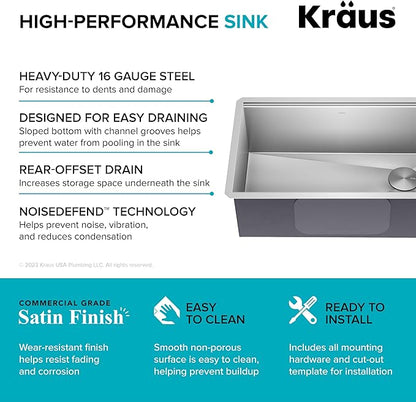 KRAUS Kore Workstation 30-inch Undermount 16 Gauge Stainless Steel Kitchen Sink, Single Bowl Kitchen Sink with Accessories, KWU110-30