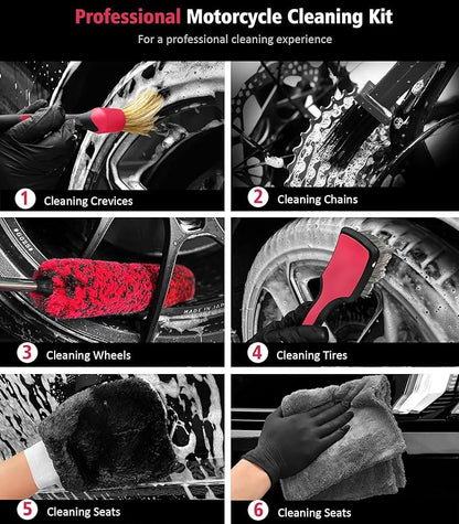 6PCS Motorcycle Cleaning Kit, Wool Wheel Brush, Tire and Chain Brush, Detailing Brush, Ultra Plush Microfiber Towel and Car Wash Mitt for Car Wheels Motorcycle Dirt Bike Cleaning Wash Kit