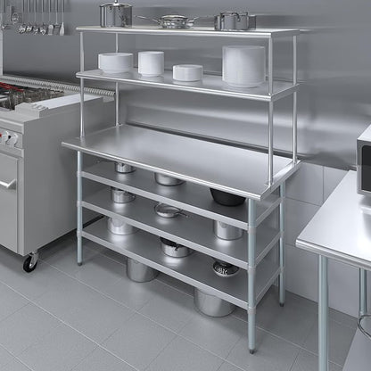 Amgood 24" x 60" Stainless Steel Work Table with 3 Shelves and 18" Wide Double Tier Overshelf | Metal Kitchen Prep Table & Shelving Combo | NSF