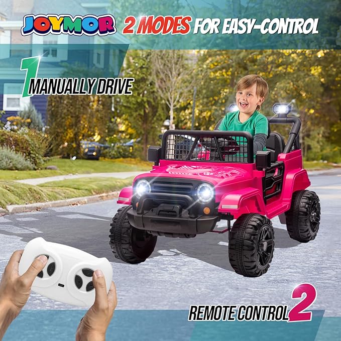 JOYMOR 12V Kids Ride on Truck with Remote Control, 4 Wheels Battery Powered Kids Car, Electric Play Car with LED Lights/Horn/Remote and Manual Control/3-5 MPH Speed/Gift for Girl Boy (Hot Pink)