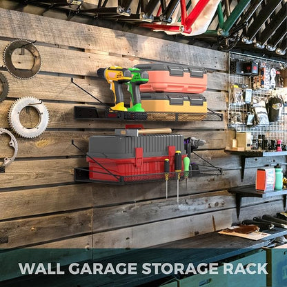 Garage Wall Shelf (2PCS-23.6"x12"x2.2") Steel Wall Shelf Storage Rack-design of TRIANGULAR BRACKET, Wall Mount Heavy Duty Metal Shelves Mesh Storage Rack for Garage, Office, Basement Kitchen, Closet