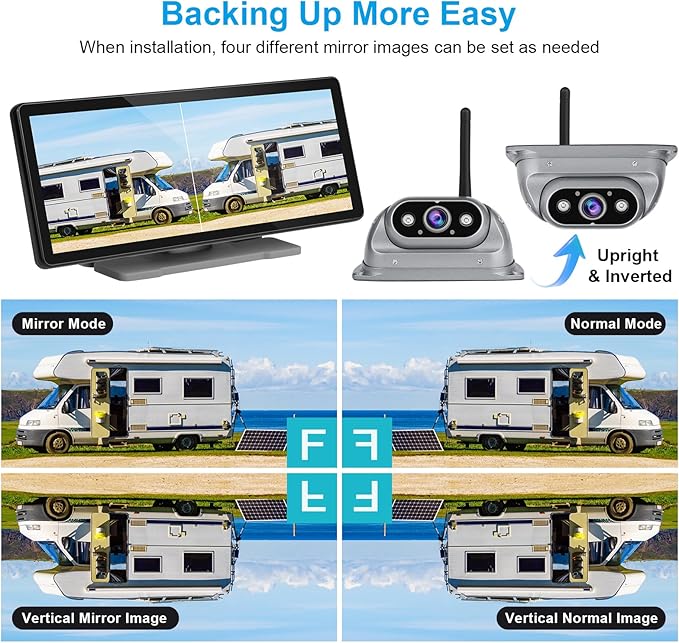 RV Wireless Backup Cameras with 10.26 inch Touch Monitor for Car Truck Trailer Bus Camper Motorhome, DVR Video Recording, Infrared Night Vision, Two Rear Side Wide View Back Up Camera Split Screen