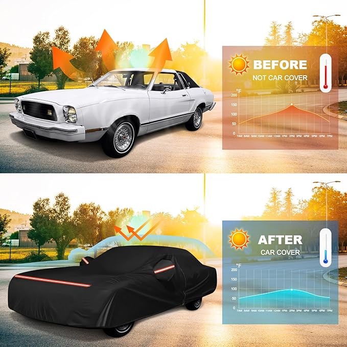 QUNSUNUS Waterproof Car Cover for Ford Mustang 1974-1978, Outdoor Car Covers with Zipper, All Weather Full Exterior Cover with Straps and Elastic Edges for Wind, Sun, UV and Dust Protection