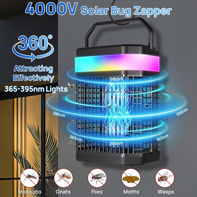 Solar Bug Zapper Outdoor 4000V Mosquito Zapper Solar 2IN1 Bug Repellent Outdoor Patio with 5500mAh Battery&LED,Electric Fly Zapper with Hook,Cordless&Rechargeable Mosquito Repellent for Patio Camping
