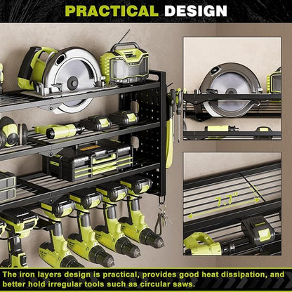 Power Tool Organizer Wall Mount,Cordless Drill Organizer,4 Layers Large Capacity Tool Rack with 8 Drill Holders (BLACK)