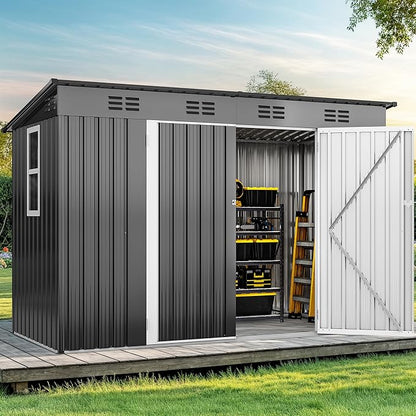 DWVO 9' x 4' Outdoor Storage Shed with Windows, Lockable Double Doors, Sloped Roof, Heavy-Duty Steel Shed for Garden & Patio, Large Backyard Tool Organizer, Dark Gray