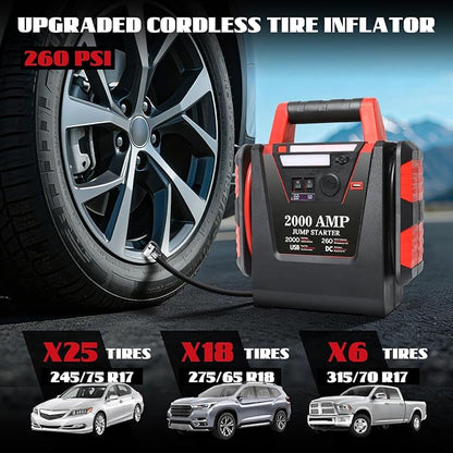 2000A Jump Starter with Air Compressor,Car Battery Jumper Starter 260 PSI Tire Inflator,6 in 1 Auto Lead-Acid Battery Booster Jump Starter for Up to 10.0L Gas or 8.0L Diesel with LED Light