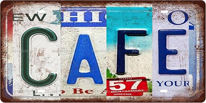 CAFE Vintage Metal Tin Sign License Plate Bar Cafe Garage Cave Home Room Wall Bathroom Farmhouse Garden Porch Patio Decor, 12 x 6 Inch