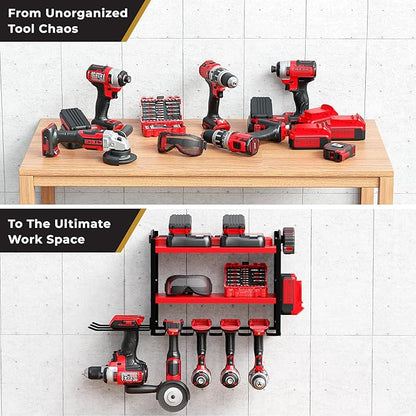 Power Tool Organizer-6 Drill Holder Wall Mount, 3 Tier Heavy-Duty Hand Tool Storage Rack, Utility Racks, Drill Holder, 2 Pegboard Sides - Garage Storage Cordless Tool Organizer (Red)