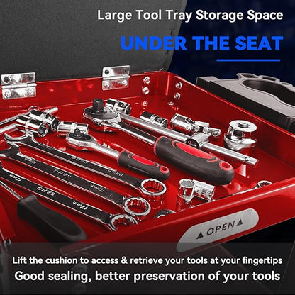 Rolling Creeper Garage Shop Seat for Men, Padded Mechanics Stool with Tool Tray Storage for Garage, Rolling Workshop Stool with Wheels, Auto Creeper Seat, 330 LBS Capacity, Heavy Duty, Red