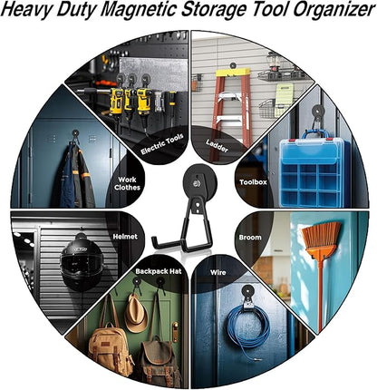 4Pcs Heavy Duty Storage Magnetic Utility Hooks Large Garage Strong Extra Magnet Hooks Hanger with Anti-Slip Coating Heavy Duty Magnetic Hooks for Hanging Power Dril Garage Garden Tools Black