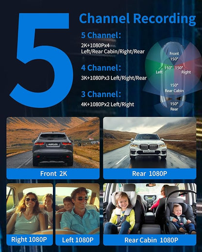 360° View 5 Channel Dash Cam Front and Rear with AI Driver Monitor System DMS, 4K Dash Camera for Cars, Built-in GPS WiFi Night Vision, Dashcam with 128G Card, 24/7 Parking Monitor Mode, V8 Ultra-5CH