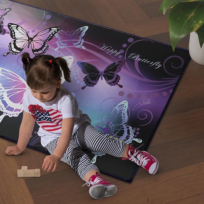 Beautiful Butterfly Fantasy Rug for Playroom Girls Bedroom Colorful Rainbow Butterfly Decor Area Carpet 3x4 Purple Mat 3D Printed Non-Slip Washable