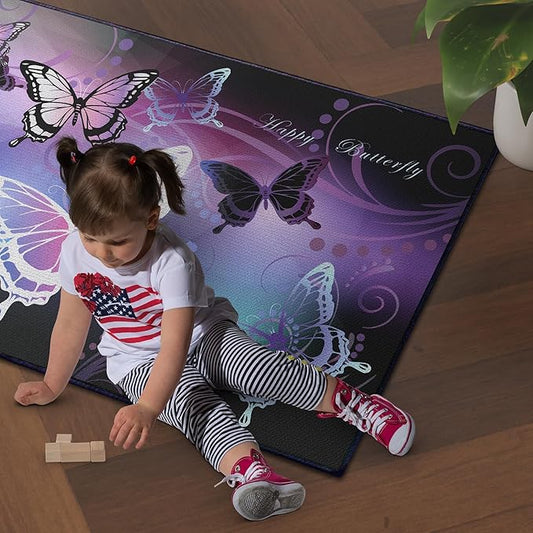 Beautiful Butterfly Fantasy Rug for Playroom Girls Bedroom Colorful Rainbow Butterfly Decor Area Carpet 3x4 Purple Mat 3D Printed Non-Slip Washable