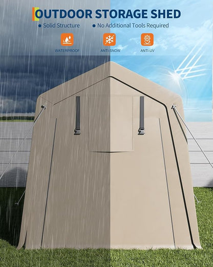 6x6 Ft Carport Heavy Duty Tent with Roll-Up Windows, Portable Garage with Removable Sidewalls & Doors, Car Canopy All-Season Tarp for Car Boat Truck Motorcycle, Khaki