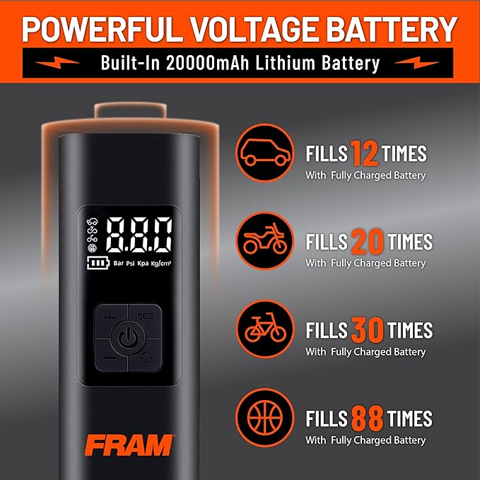 FRAM FEK40002 Portable Emergency Tire Inflator with 6000mAh Battery and 12V, 150PSI Air Pump for Car, Bike, Motor, Ball with Digital Tire Pressure Gauge with LED Light