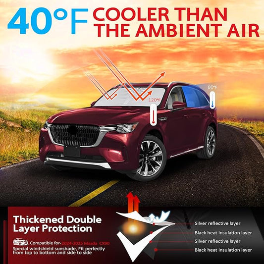 KAYZT Windshield Sun Shade for 2024-2025 2026 Mazda CX-90 CX90 Foldable Sunshade Front Window Custom Fit Car Accessories