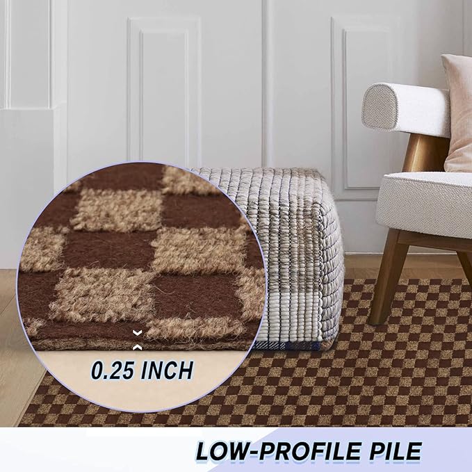 Custom Size Backed Non-Slip Area Rugs Runner, Easy Clean, Waterproof Runner Rugs for Hallway Entryway, Kitchen, Laundry, 3FT x 45FT, Brown Checkered