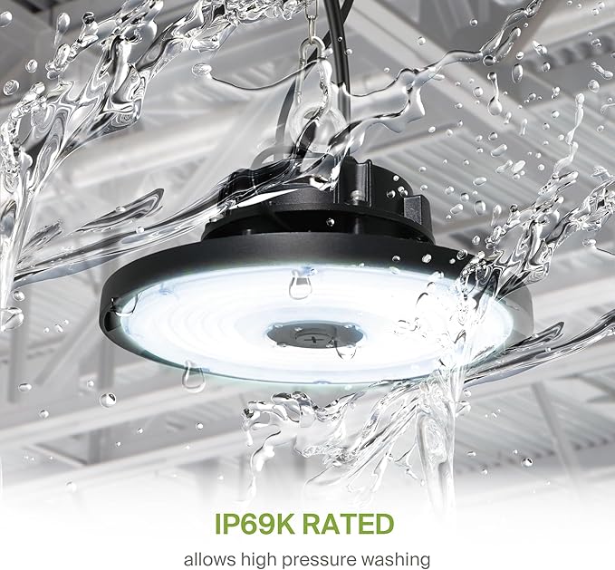 ASD LED High Bay UFO Light Fixture, Commercial Shop Lighting | Dimmable, IP69K Waterproof, DLC Premium, UL Listed | 150W 22000LM 5000K 277-480V | Warehouse, Garage, Workshop, Barn Lamp | Black