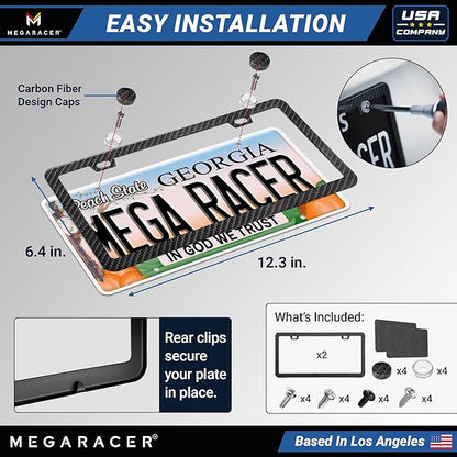 Premium Slim Carbon Fiber Design License Plate Frames – 2 Pack, Rust-Free Stainless Steel & Rattle-Free, Street Legal, Universal with Screw Caps Cover, Thin Metal Front & Rear Car Tag Holders for Men