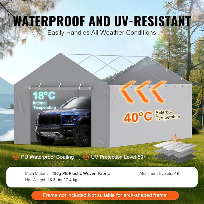 VEVOR Carport Replacement Canopy Cover Side Wall 12 x 20 ft, Garage Tent Shelter Tarp Heavy-Duty Waterproof & UV Protected, Easy Installation with Ball Bungees,Grey (Top and Frame Not Included)