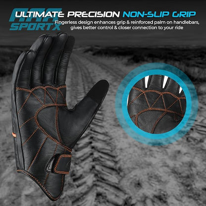 aasportx Motorcycle Gloves - Men's Leather Motorbike Gloves with Touchscreen Function - Non-Slip Pads for Men & Women