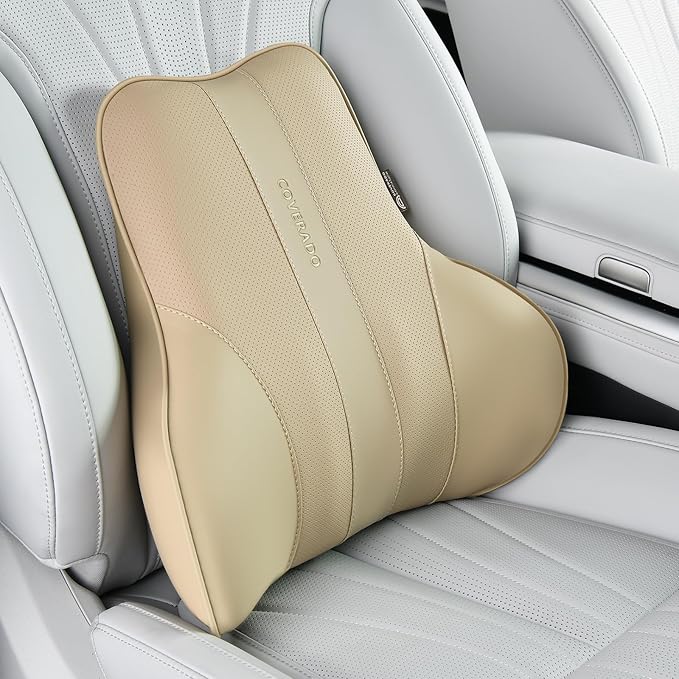 Coverado Lumbar Support Pillow for Car, Ergonomic Memory Foam Back Pillow for Office Chair, Back Cushion for Back Pain Relief, PU Leather Car Lumbar Support for Driving Seat - Beige