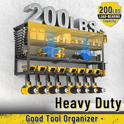 Heavy Duty Power Tool Organizer Wall Mount, Cordless Drill Hanger Storage Rack, Battery Tool Holder Utility Rack with Side Wrench Rack for Garage Workshop-32 Inch 8 Slots