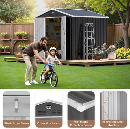 10x8 FT Outdoor Storage Shed, Metal Garden Shed - Tool Storage Sheds with Lockable Doors, Waterproof Outside Storage Building for Backyard, Patio (Black; Floor Not Included)
