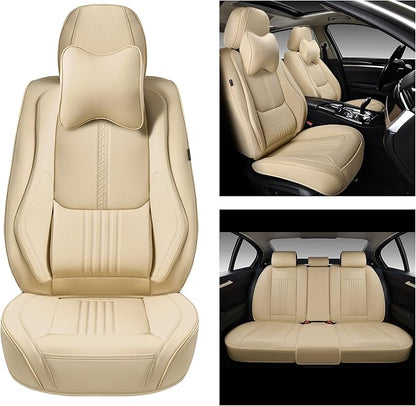 Car Seat Covers Full Set, Front and Rear Seat Covers for Cars, Waterproof Leather Auto Seat Protectors with Head Pillow, Car Seat Cushions Fit for Most Sedans SUV Pick-up Truck, Beige
