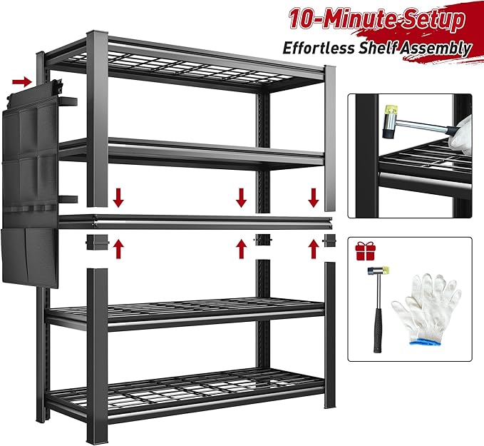 REIBII Storage Shelves, Heavy Duty Garage Shelving Load 2500LBS, 5-Tier Garage Shelves with Tool Storage Bag, Adjustable Industrial Metal Shelving for Basement, 66" H x38.2 W x16 D, Black