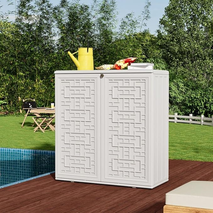 ZZM HDPE Outdoor Storage Shed, Outdoor Plastic Storage Cabinet, Horizontal Resin Tool Shed for Garden, All Weather Outdoor Storage Clearance, DIY Usage, with one Shelf (White)