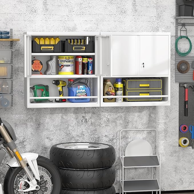 GREATMEET Locking Metal Garage Storage Cabinet with Doors and Shelves, 31" H Lockable Wall Cabinet Storage, White Steel Wall Mount Cabinet for Office