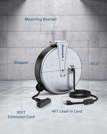 DEWENWILS 30 Ft Retractable Extension Cord Reel, Ceiling/Wall Mount 16/3 Gauge SJTW Power Cord with 3 Electrical Outlets Pigtail for Garage and Shop, 10 Amp Circuit Breaker, Metal Plate, UL Listed