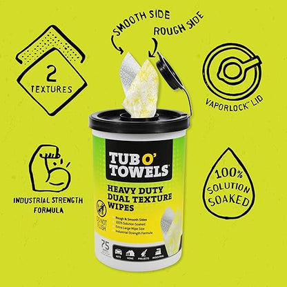 Tub O’ Towels TW75 Heavy-Duty 10" x 12" Size Multi-Surface Cleaning Wipes, Dual Texture, 75 Count Per Canister