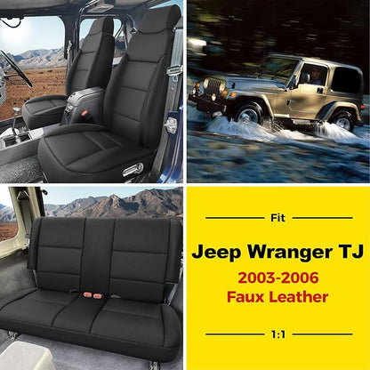 GIANT PANDA Full Set Car Seat Covers Customized Jeep Wrangler TJ Rubicon Sahara Sport X Unlimited 2003 2004 2005 2006, Faux Leather (Black)