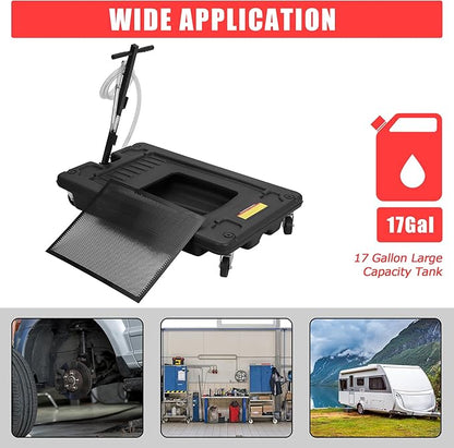 ‌17 Gal Electric Oil Drain Pan, Low Profile Mobile Oil Changing Pan with Hand Pump, 8 Ft Hose & Quick Drain Valve, Leak-Proof Design for Truck Car Motorcycle, Garage Workshop Use