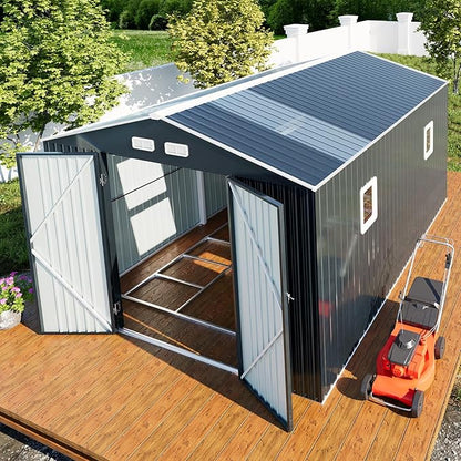 10x12 Metal Shed with Floor Frame Kit & Reinforced Construction - Translucent Roof Panels for Natural Light, Lockable Doors, Vents and Windows | Weatherproof Outdoor Storage for Garden/Backyard/Patio